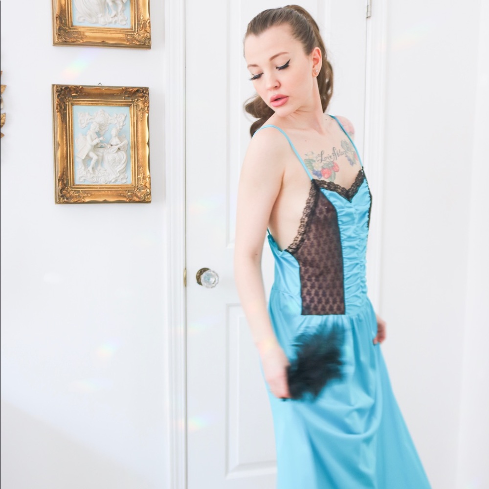 Vintage 80s Vibrant Blue Gown With Lace Medium